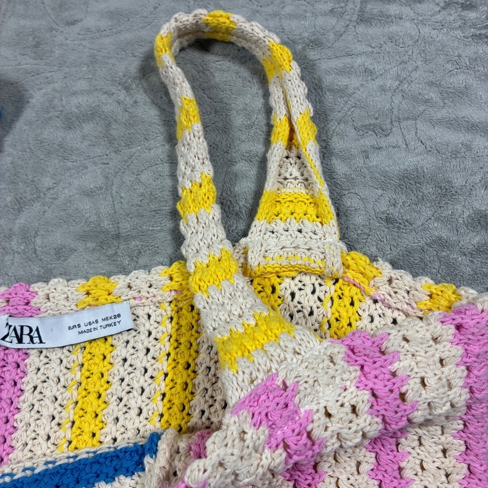 Zara Crochet Patchwork Open Knit Crop Top Size S Pastel Boho Beachy Festival - Picture 4 of 10